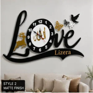 Custom Love acrylic wall clock with gold Allah calligraphy and deer motif by Lizera Pakistan
